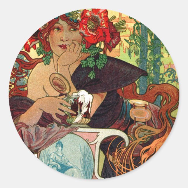 Sticker Rond Alphonse Mucha Bieres De La Meuse (Devant)