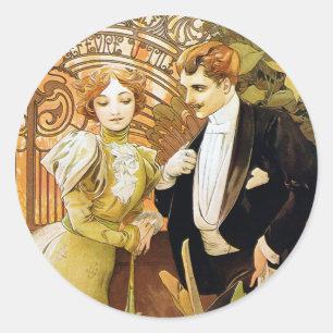 Sticker Rond Alphonse Mucha Flirt Vintage Art romantique Nouvea