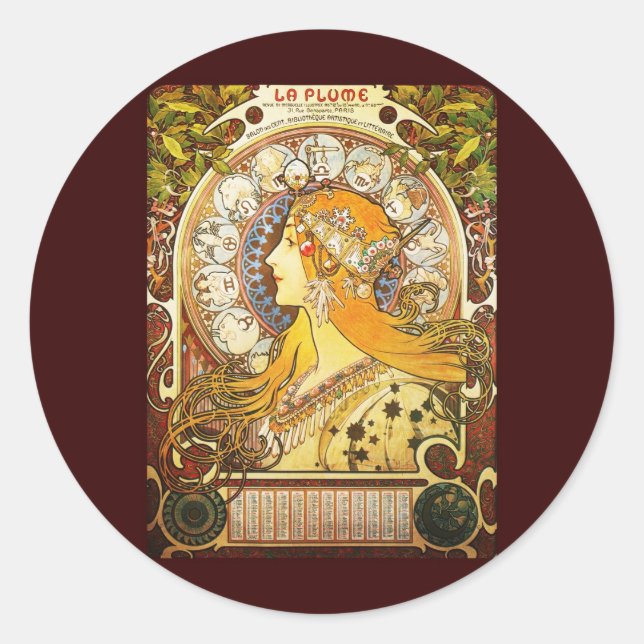 Sticker Rond Alphonse Mucha La Plume (Devant)