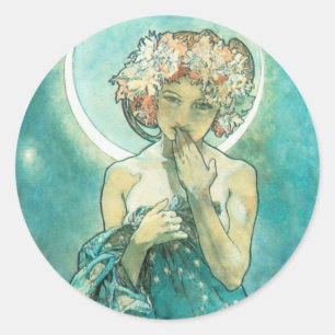 Sticker Rond Alphonse Mucha Lune Clair De Lune Art Nouveau