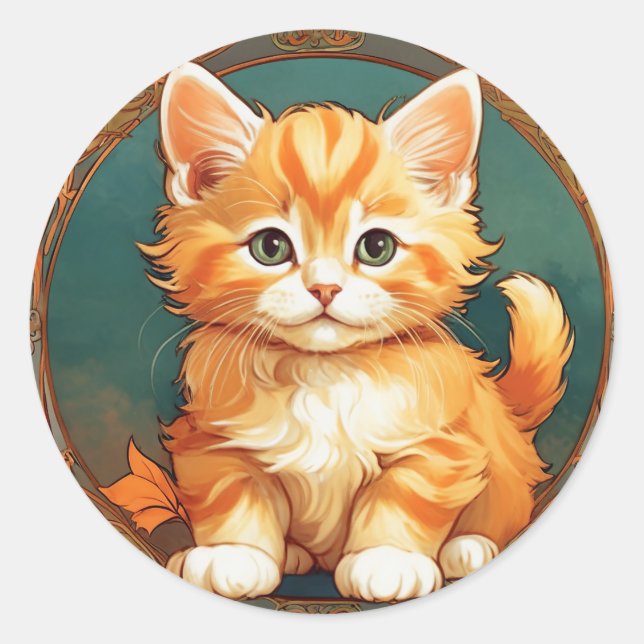 Sticker Rond Alphonse Mucha Style Chat orange (Devant)