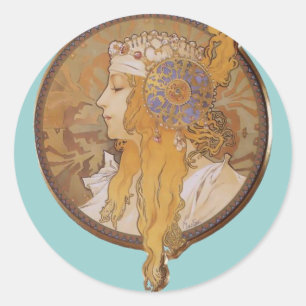 Sticker Rond Alphonse Mucha ~ Tête Byzantine : La Blonde