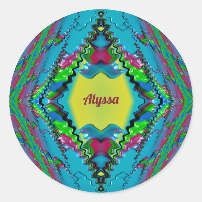 Sticker Rond ALYSSA ~ Noir rose bleu et jaune fractal ~ (Devant)