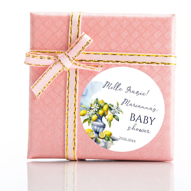Sticker Rond Amalfi Vase bleu italien citron baby shower faveur (Amalfi Italian vintage ceramic blue vase lemon baby shower thank you favor Classic Round Sticker)