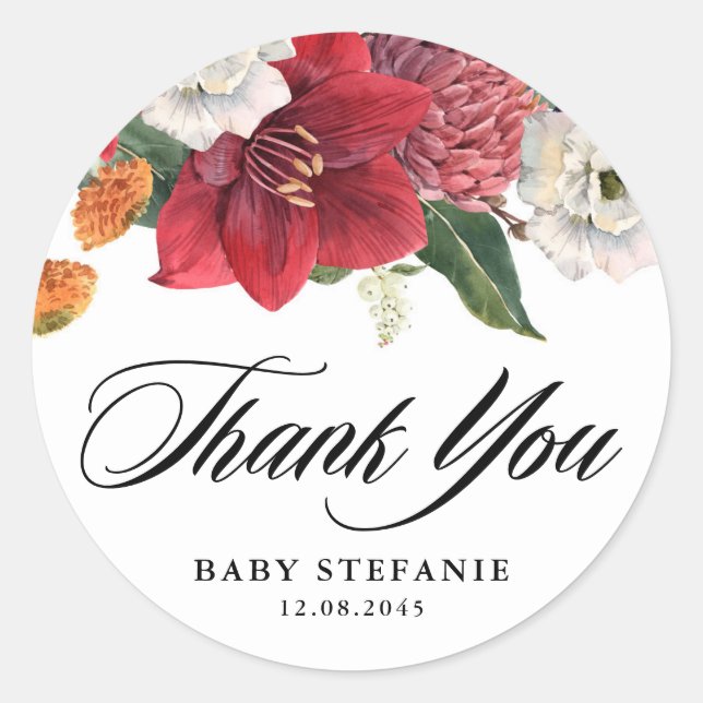 Sticker Rond Amaryllis botanique Baby shower Merci (Devant)