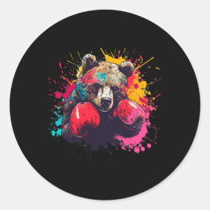 Sticker Rond Amateur de boxe ours gants de boxe kickboxing drôl