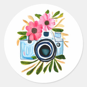 Sticker Rond Amateurs de photographie Caméra Vintage et Fleurs