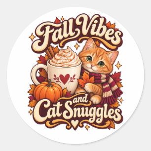 Sticker Rond Ambiance d'Automne et Câlins de Chat Confortable C
