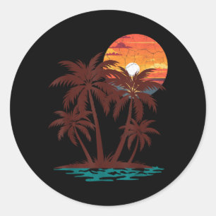 Sticker Rond Ambiance Rétro 70s 80s Plage Coucher de Soleil Pal