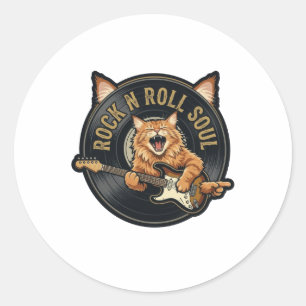 Sticker Rond Âme Rock N Roll Chat Guitariste Vintage