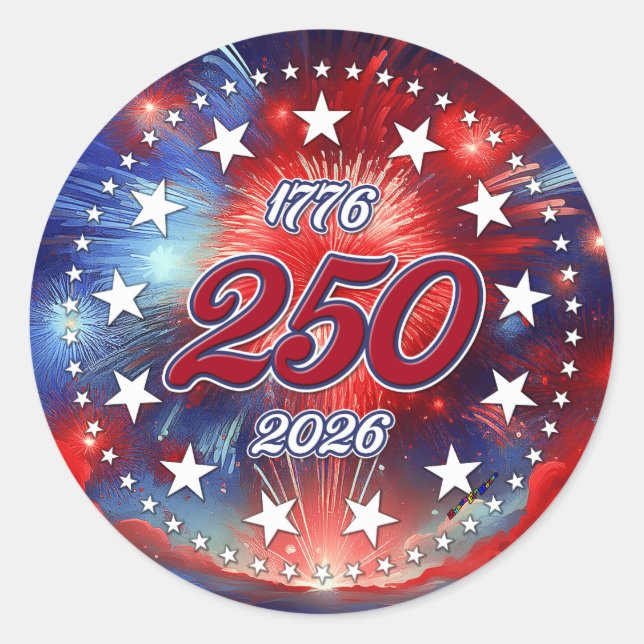 Sticker Rond America’s 250th Birthday Graphic Fireworks Clouds (Devant)