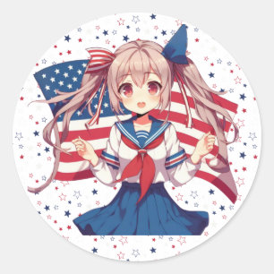 Sticker Rond Américaine patriotique fille d'anime