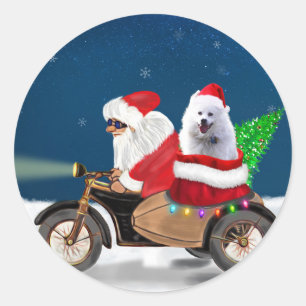 Sticker Rond American Eskimo Chien Noël Père Noël
