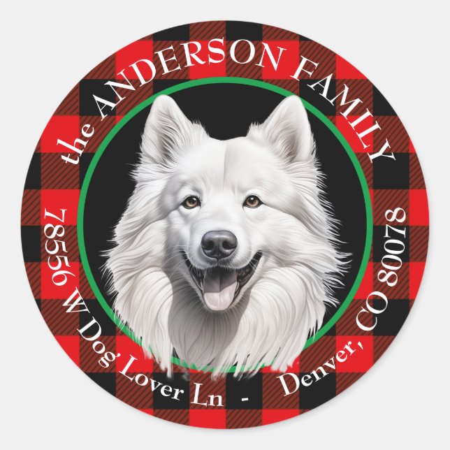 Sticker Rond American Eskimo Dog Buffalo Plaid Adresse de retou (Devant)