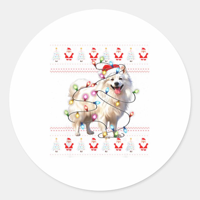 Sticker Rond American Eskimo Dog Xmas Lights Ugly Sweater Chris (Devant)