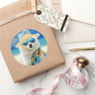 Sticker Rond American Eskimo on Beach, cadeau d'été pour amoure