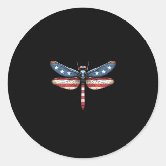 Sticker Rond American Flag Dragonfly Patriotic 4th of July Red 