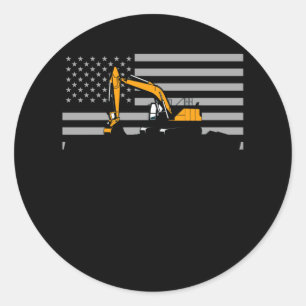 Sticker Rond American Flag Excavator US Flag Construction
