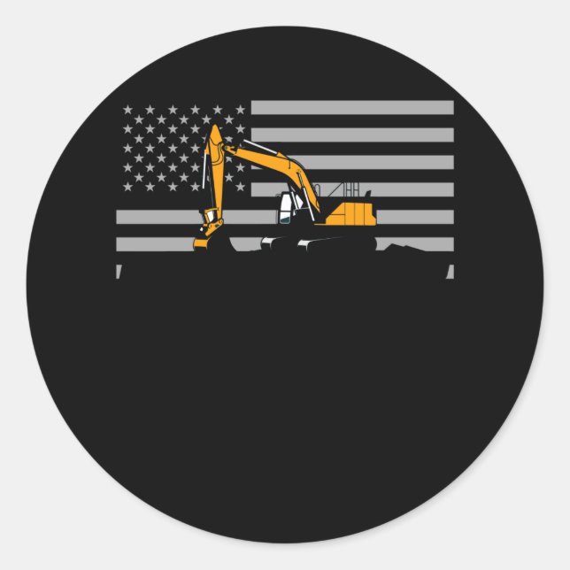 Sticker Rond American Flag Excavator US Flag Construction (Devant)