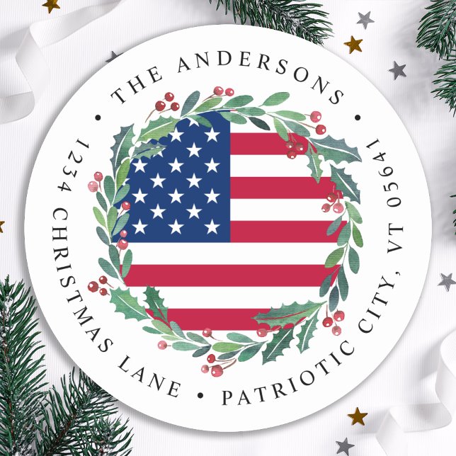 Sticker Rond American Flag Patriotic Christmas Return Adresse (Créateur téléchargé)