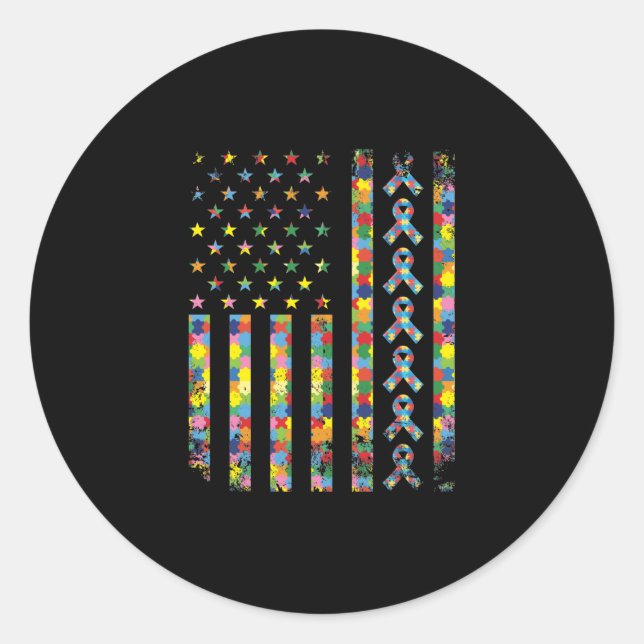 Sticker Rond American Flag Puzzle Pièce Ruban Cool Autisme Awar (Devant)
