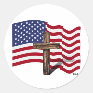 Sticker Rond American Flag Waving and Rugged Cross