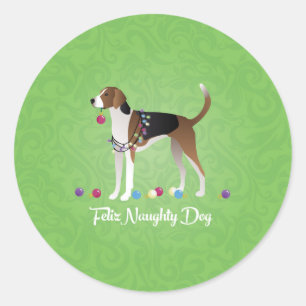 Sticker Rond American Foxhound Feliz Naughty Dog Christmas