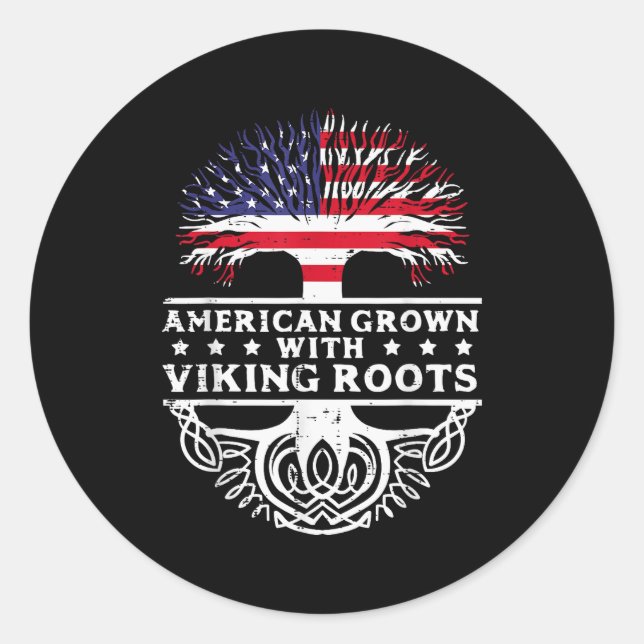 Sticker Rond American Grown With Viking Roots Us Flag Tree Men  (Devant)