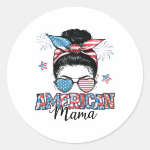 Sticker Rond American Mama Messy Bun Patriotique 4 juillet Moth