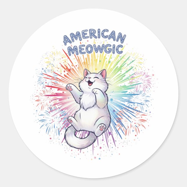 Sticker Rond American Meowgic - Chat étincelant et feux d'artif (Devant)
