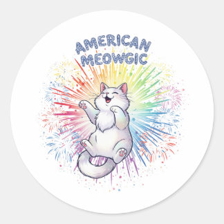 Sticker Rond American Meowgic - Chat étincelant et feux d'artif
