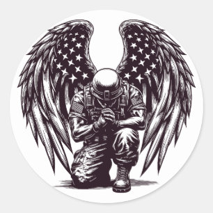Sticker Rond American Soldier Angel Prier USA Drapeau Art