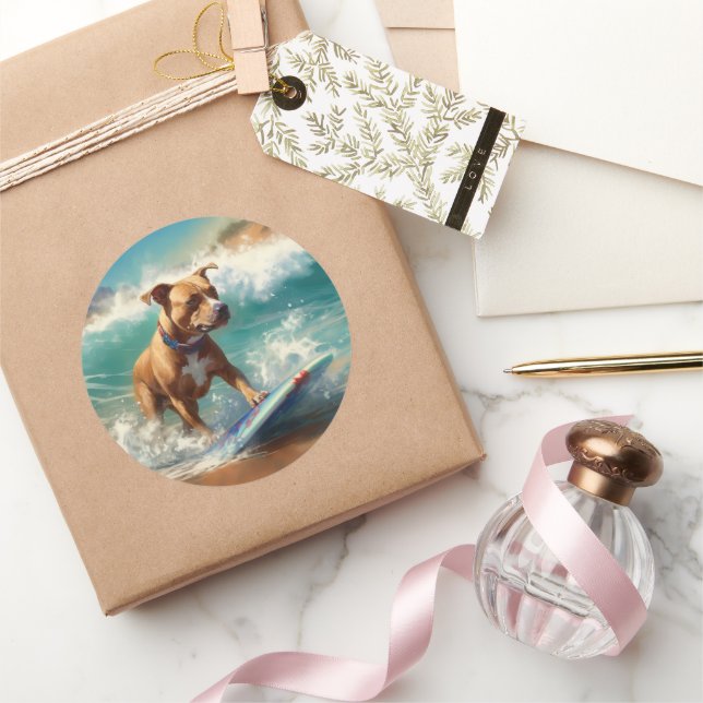 Sticker Rond American Staffordshire Beach Surf Peinture (Cadeaux)