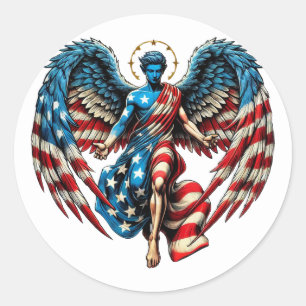 Sticker Rond American USA Flag Angel Man Patriotic Art
