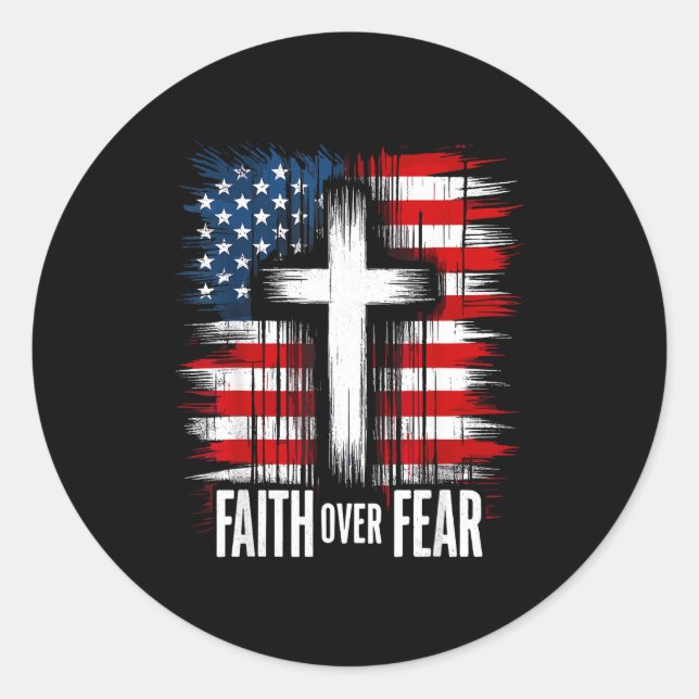 Sticker Rond American Usa Flag Christ Faith Over Fear With Cros (Devant)