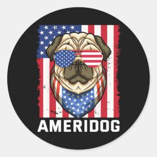 Sticker Rond Ameridog American Flag Carlin Dog 4 juillet Indepe