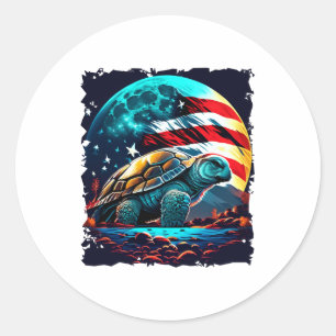 Sticker Rond Amérique tortue sous lune avec drapeau américain