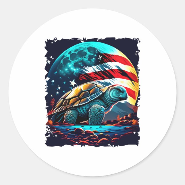 Sticker Rond Amérique tortue sous lune avec drapeau américain (Devant)