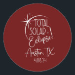 Sticker Rond Amérique Totalité Austin TX Total Éclipse Solaire<br><div class="desc">America Totality Austin TX Total Solar Eclipse 8 avril 2024 Don. Un cadeau parfait pour votre père, maman, papa, hommes, femmes, amis et membres de la famille le jour de Thanksgiving, Noël, Fête des mères, Fête des pères, 4 juillet, 1776 Jour indépendant, Fête des anciens combattants, Fête de l'Halloween, Fête...</div>