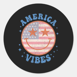 Sticker Rond Amérique Vibes Visage Heureux Sourire Drapeau Amér