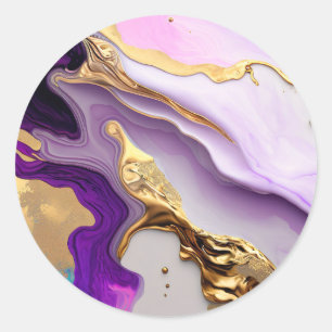 Sticker Rond Améthyste et marbre rose avec or liquide