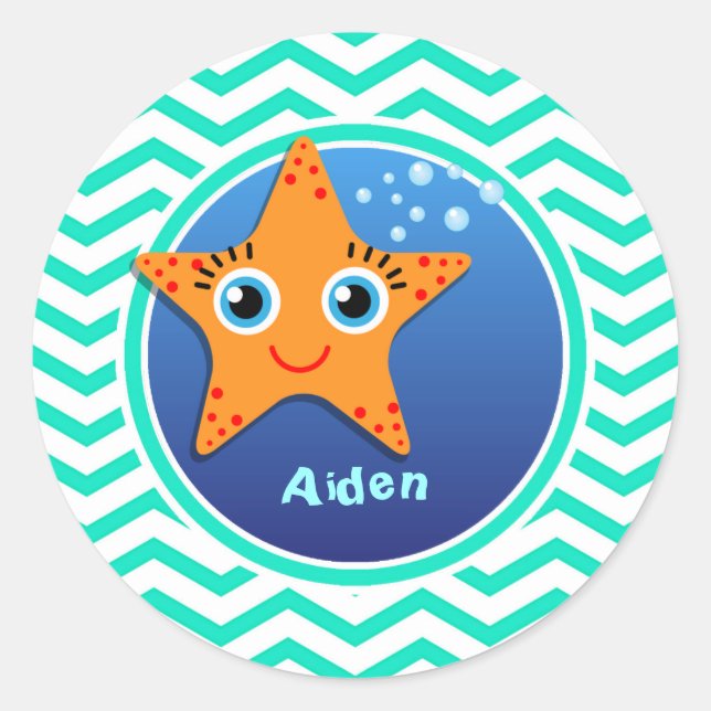 Sticker Rond Amidon d'orange ; Aqua Green Chevron (Devant)