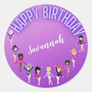 Sticker Rond Amis de gymnastique "Joyeux Anniversaire" Purple O