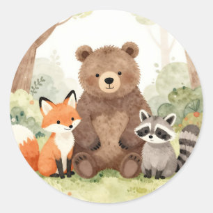 Sticker Rond Amis mignons de la forêt Ours Renard Raton laveur