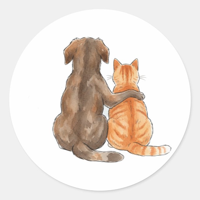 Sticker Rond Amitié chien et chat aquarelle (Devant)