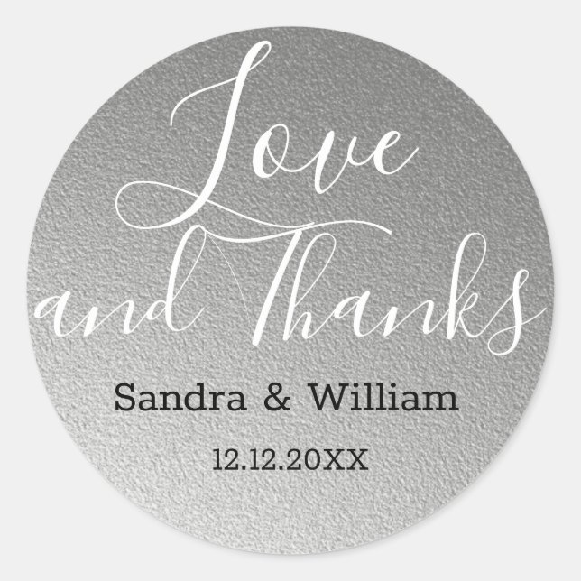 Sticker Rond Amour Argent Et Merci Faveur Mariage (Devant)
