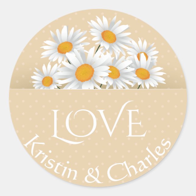 Sticker Rond Amour Blancs Daisies Tan Polka Dot Personnalisé (Devant)
