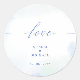 Sticker Rond Amour   Coeur Bleu & Aquarelle Mariage Faveur