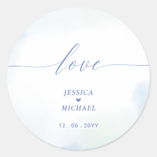 Sticker Rond Amour | Cœur bleu et faveur de mariage à l'aquarel