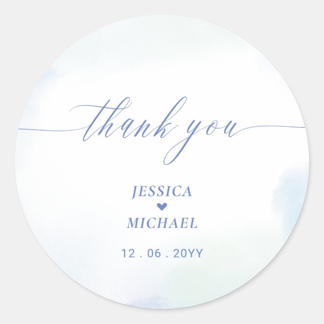 Sticker Rond Amour | Coeur bleu et Merci Mariage aquarelle (Devant)